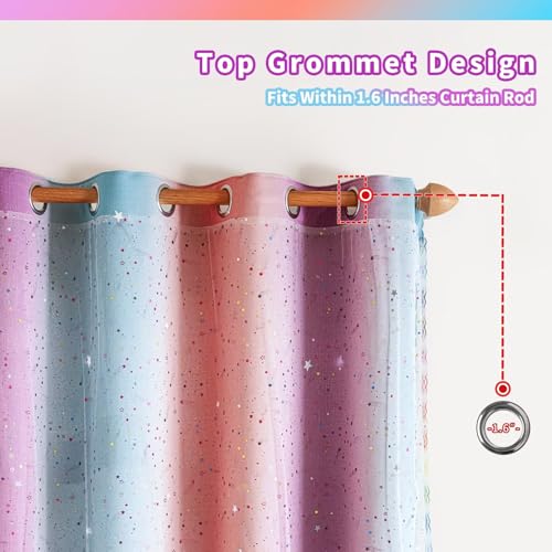 Image of 52x95 Mix & Match Double Layer Laser-Cut Stars Gradient Blackout Curtains with Foil Print Sheer, 2 Panels Set - Purple Blue Pink