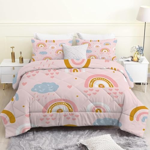 Generico Piumino Singolo Nuvole Trapunte Arcobaleno Piumone Imbottito Resistente Lavabile, Super Morbida Trapunta, piumini 135x200 cm in Microfibra Reversibile e 2 Federa 50x80 cm Q56