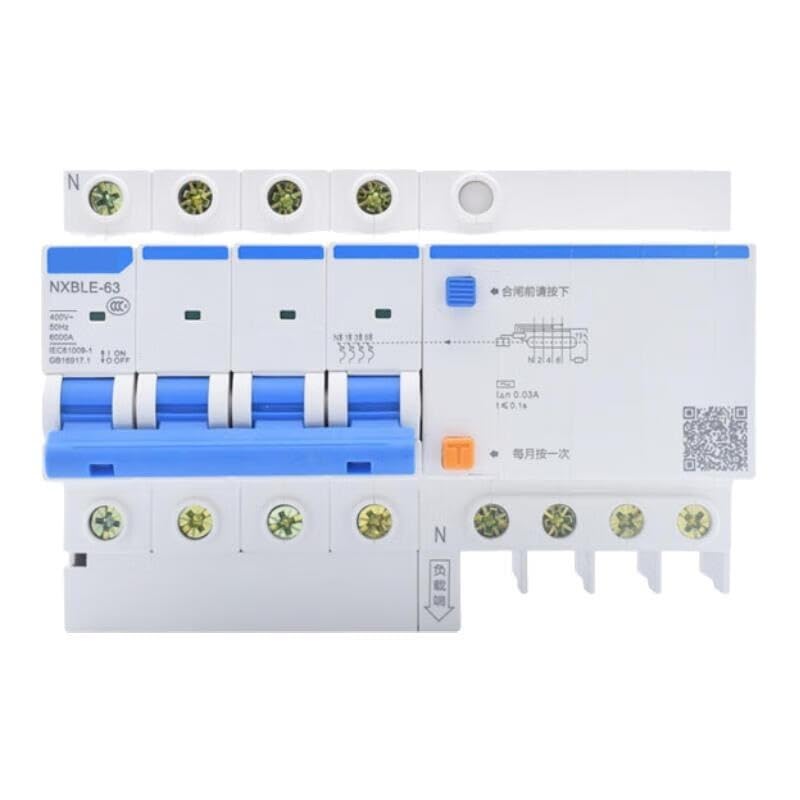 Disyuntor de corriente residual NXBLE-63 con poder de corte de 6 kA y sensibilidad de 30 mA tetrapolar