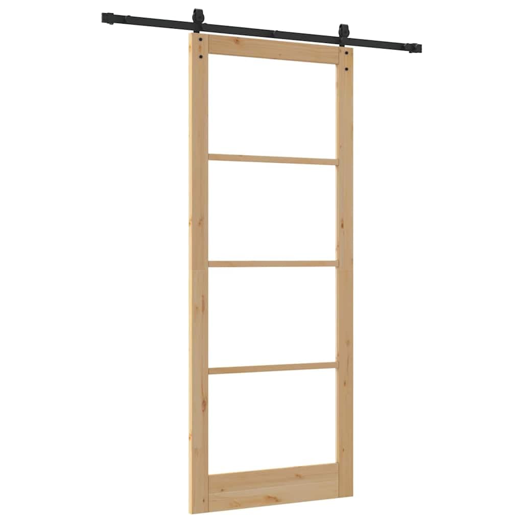 Drzwi przesuwne z litego drewna sosnowego z przezroczystym szkłem 93 x 232 cm, drzwi przesuwne do wnętrz, ciche przesuwanie z szynami i rolkami, skrzydło drzwi do mieszkania
