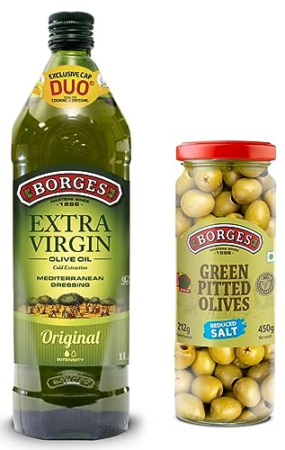 Image of Borges Green Pitted Olives, 450g & Extra Virgin Olive Oil -1L Glass Combo
