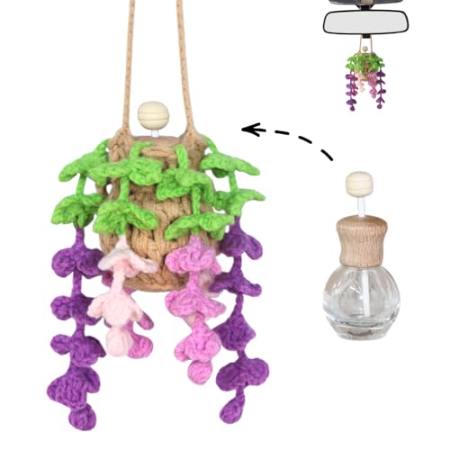 ROFIGL Handmade Crochet Hanging Car Air Freshener - Botanical Wisteria Blossom Design with 12ml Refillable Glass Essential Oil Bottle, Long-Lasting Car Diffuser & Nature-Inspired Decor
