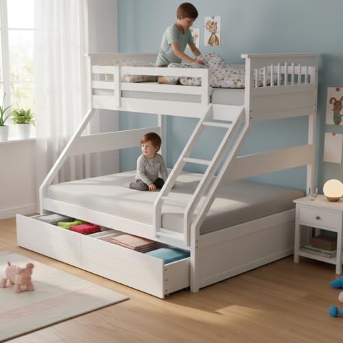 Image of APRODZ Haven Queen Size Solid Wood Bunk Bed with 2 Drawer Storage | Wooden Twin Over Bed with Ladder for Kids' Room Bedroom Living Room Home (White)