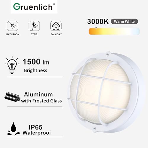Image of GRUENLICH Outdoor Bulkhead Light, LED Round Wall Sconce, Rustproof, White | 8 inch Dimmable Wall Light for Porch, Garage, Walkway, Nautical, 15W 1500 Lumen, Aluminum, Glass, Waterproof, 3000K, 1 Pack
