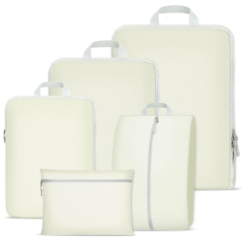 Compression Packing Cubes Set, Ultralight Expandable Travel Organizers for Carry on Luggage,Waterproof Travel Packing Cubes,Compression Suitcase Essential Bag (Beige, 5 Pack)