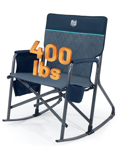 TIMBER RIDGE Folding Oversized Rocking Camping Chair, 400lbs Capacity Portable Outdoor Rocker with Hard Armrests, Cup Holder & Side Pocket, Quick-Fold Design for Outdoor, Patio, Lawn, Blue