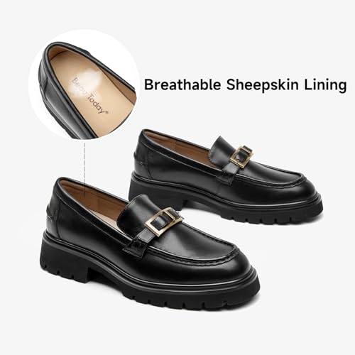 Image of BEAU TODAY Platform Loafers for Women,Chunky Loafers Women,Leather Comfortable Shoes,Lug Sole Metal Buckle Business Work Shoes Black