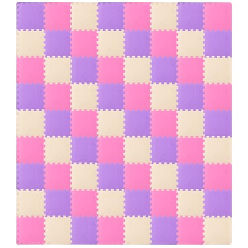 Image of ProSource Baby Play Mat, Soft Foam Floor Tiles for Kids, Interlocking EVA Panels for Playpen Use, Crawling Development Surface, Safe Non-Toxic Toddler Flooring, 72 Tiles, Pink /Purple /Beige