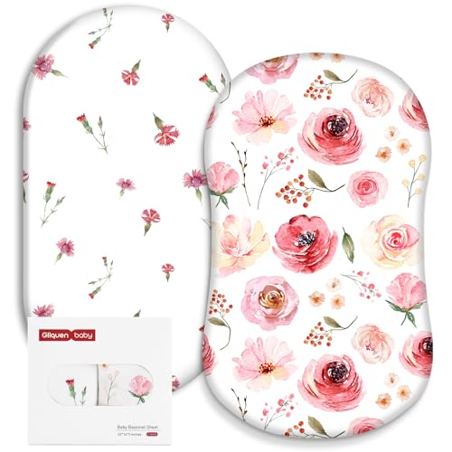Image of Gllquen Baby Bassinet Sheets 2 Pack, Breathable Cozy Fitted Mattress Sheet, Elastic Travel Crib Fashionable Floral Pattern, Standard Cradle Safe Sheets for Baby Boy Girls 32"X16" (Cream Rose)