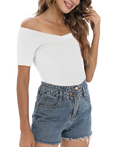 Image of Sarin Mathews Womens Shirts Off The Shoulder Tops Sexy V Neck Slim Fit Shirts Tops Blouses