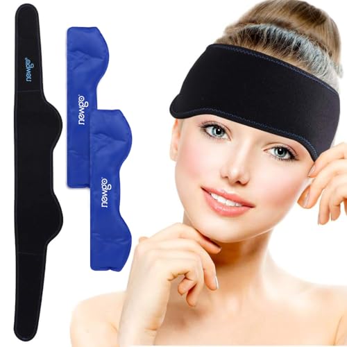 NEWGO Headache Ice Pack Head Wrap for Migraines Cold Pack for Headache Relief Tension Sinus Pain Chemo Head Injuries - 2 Gel Pack Inserts & 1 Wrap