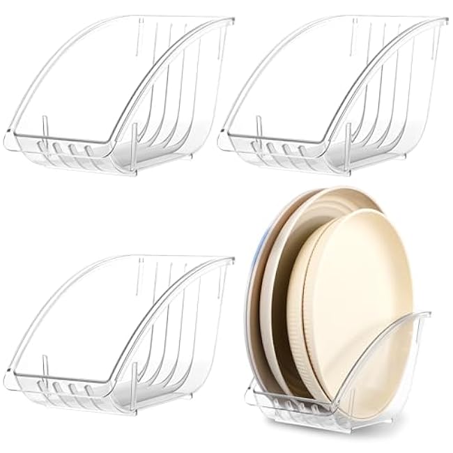 4 Pcs 10 Inch Paper Plate Holder Plastic Dinner Dish Drainer Paper Plate Dispenser Organizer for Kitchen Cabinets Storage Rack Dish Cradle for Countertop
