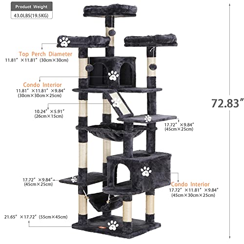 Heybly Cat Tree 73 Inches Xxl Large Cat Tower For Indoor Cats,Multi-Level Cat Furniture Condo For Large Cats With Padded Plush Perch, Cozy Basket And Scratching Posts Smoky Gray Hct030G #TOP4