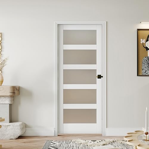 Image of 36 inch x 80 inch Interior Door, 5-Lite Frosted Glass Pantry Door with Black Door Lever, Single Slab Door Panel for Closet & Bedroom, Classic Style as Prehung, Pocket, Bifold Doors, Assembly Required