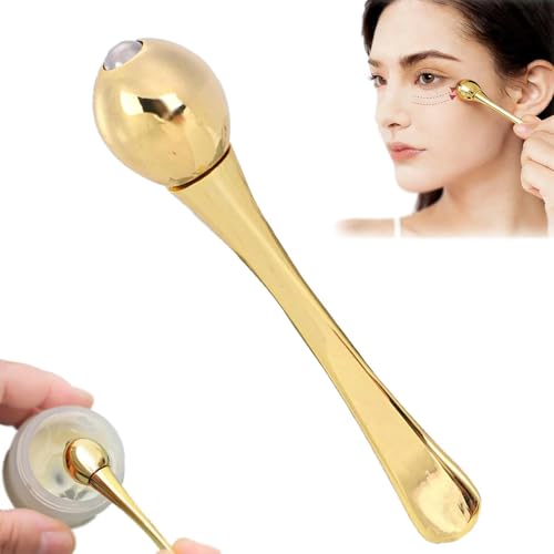 Gold Zinc Alloy Eye Roller & Massager Depuffing Tool for Dark Circles and Puffy Eyes Includes Cream Scoop (0.6×3In)