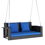 VINGLI Heavy Duty 800 LBS Wicker Hanging Porch Swing with Cushions & Chains, 4FT Outdoor Rattan Swing Bench for Garden, Yard, Lawn (Black+Blue)