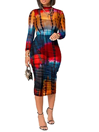 Image of Rodawu Women's Sexy See-Through 3-Piece Set Midi Dress Outfits | Printed,Long Sleeve,Sheer Mesh,Crop Tank Top,Bodycon Skirt,Ruched Cover,Soft,Lightweight,Breathable,Skin Friendly Fabric