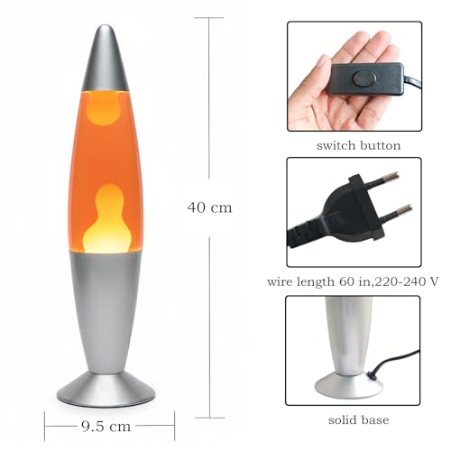 Image of KARP 16 Inch (Rocket Shap) Lava Lamp | Metal Base & Glass Body | Orange Water with Yellow Lava | SES R39 E14 25W Bulb Included | 220-240V 50Hz | Mains Plug with Inline ON /Off | Stylish Decor & Gift