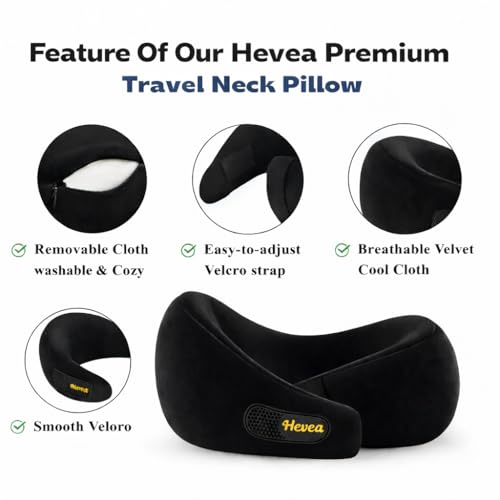 Image of HEVEA Travel Neck Pillow with Eye Mask,100% Memory Foam & 360 Degree Neck Support Pillow for Flight, Car, Bus,Train Travel, Adjustable Velcro, Washable Velvet Cover, Free Travel Pouch.. (Black)