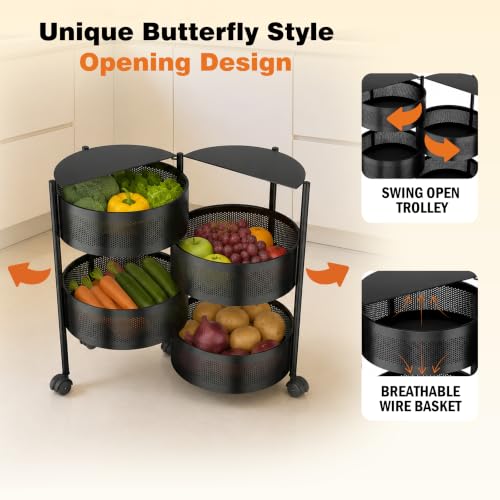 Image of JD FRESH 4 Tier Metal Rotating Kitchen Trolley /360-Degree Rotating Wheels with Expandable Side Opening Design /Movable Butterfly Trolley and Storage Shelf for Kitchen, Livingroom or Bathroom (Black)