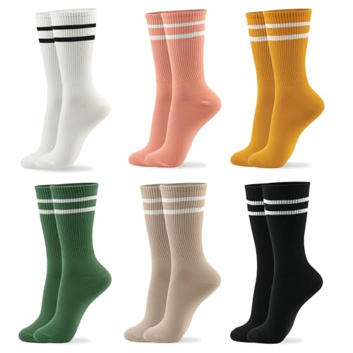 kikiya socks Women Pattern Crew | 6 Pairs Colorful Tube Striped at the Top Calf Print Pink Yellow Green Black White Athletic Design Daily Boot Cotton Socks | Womens Ladies Girls Gift | Tube Striped A