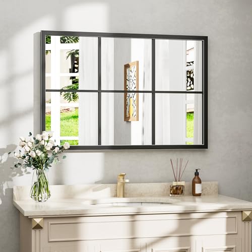 Image of Dewfig Rectangle Wall Mirror, 36 inchx24 inch Metal Frame Windowpane Mirror, Black