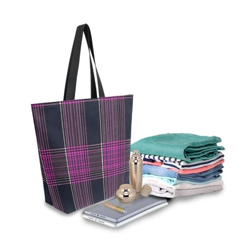 Extra Large Shoulder Tote Bag for Beach Travel Weekender Gym Magenta Black Plaid Pattern Reusable Grocery Canvas Shopping Bag3