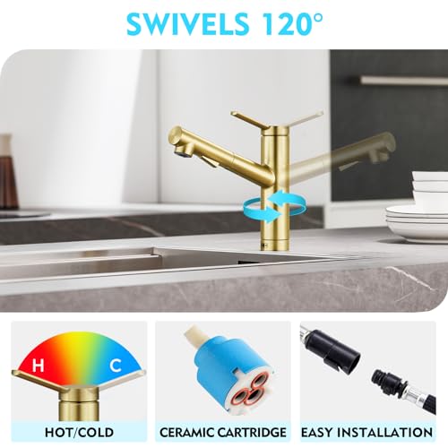 CREA Wasserhahn Küche, Küchenarmatur mit Ausziehbarer Brause, Spültischarmatur Küche mit 2 Strahlarten, 120° Drehbar Mischbatterie Küche, Gebürstetes Gold