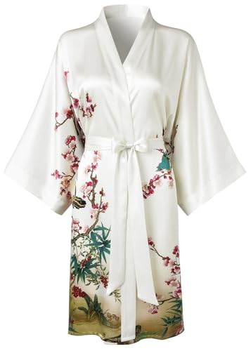 Image of Women's Silk Kimono Robe Short Bathrobe Nightgown 100% Mulberry Silk for Women - Classic Floral Pattern