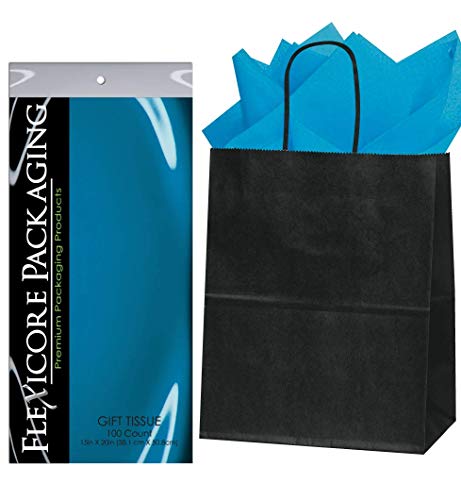 Flexicore Packaging Black Kraft Paper Gift Bags & Turquoise Blue Gift Wrap Tissue Paper Size: 8 Inch X 4.75 Inch X 10.5 Inch | Count: 50 Bags | Color: Turquoise