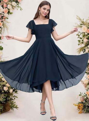 Tea Length Chiffon Bridesmaid Dress Sqaure Neck Formal Party Dresses with Short Sleeve3