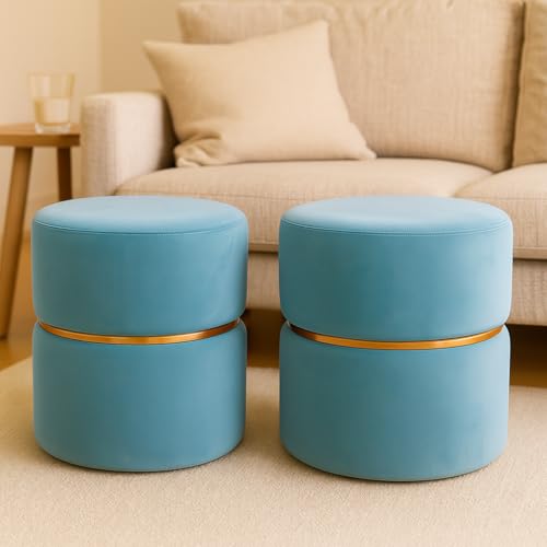 Image of Wooden Puffy Stool for Living Room Round Footstool - Ottoman Stool for Living Room Furniture Round Ottoman - Sitting Pouffe Ottoman Stool /Room Dcor /Office Stool - (Set of 2 Sky)