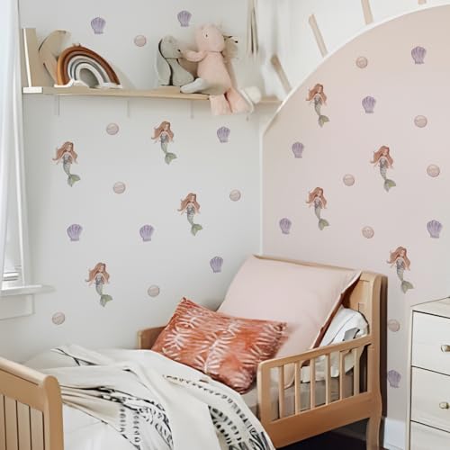 Image of Mermaid Wall Stickers for Girls Room - 4 Sheets 40 Pcs Boho Mermaid Seashell Pearl Wall Decals Peel and Stick Scatter Wall Art Baby Girl Bedroom Nursery Gift Fairy Tale Wall Art