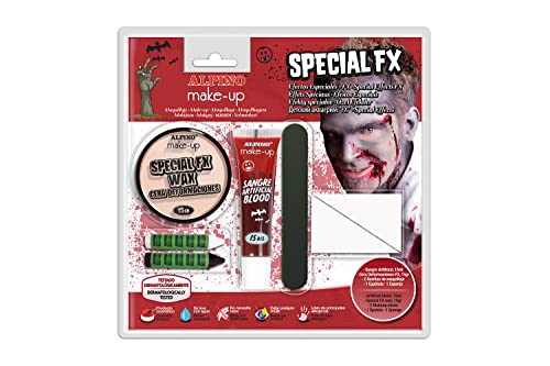 Alpino Pack de Cera FX, Sangre Falsa y Pintura Blanca y Negra para la Cara | Maquillaje de Carne Falsa para Heridas y Cicatrices | Piel Artificial para Disfraces de Halloween y Efectos Especiales