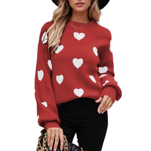 Image of Women's Valentines Pullover Sweaters Cute Hearts Long Sleeve Crewneck Knitted Y2k Sweaters Kawaii Aesthetic Clothes
