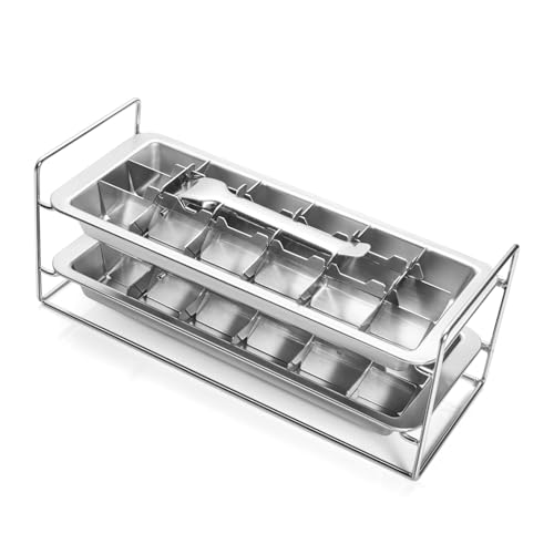 lycss Stainless Steel Ice Cube Tray 2 Pack, 36 Large Cube Slots. Plastic Free Eco Friendly Freezer Mold W/Easy Release Lever. Stackable Retro Inspired Old Fashioned Vintage Ice-Making
