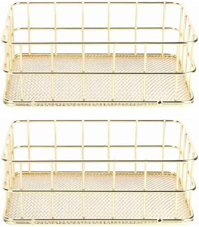 Metal Mesh Basket, Storage Basket Tray with Golden Grid Desktop S...