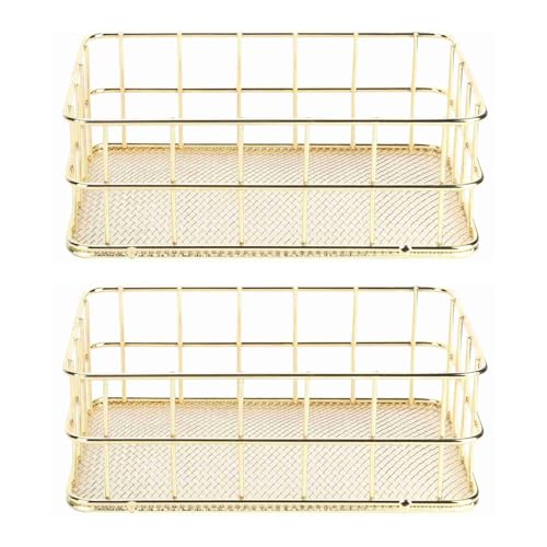 Wire Mesh Basket, Golden Desktop Metal Storage Basket Iron Grid Storage Tray Net Basket Bins for Home Cosmetic Stationery (2pcs 17x12x6cm)