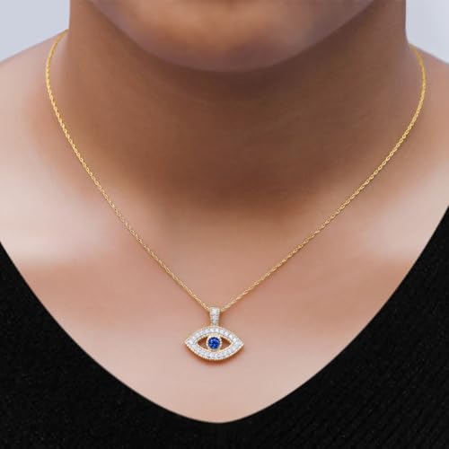 Evil Eye Pendant Necklace For Women Round Cut Simulated Birthstone & White Cubic Zirconia In 14K Gold Plated Sterling Silver Jewelry Along With 18" Rope Chain3