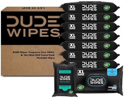 DUDE Wipes - Flushable Wipes - Unscented 8 Pack + Mint Travel Pack, 402 Wipes - Extra Large Dispenser Wet Wipes with Vitamin E & Aloe For Men - Septic and Sewer Safe