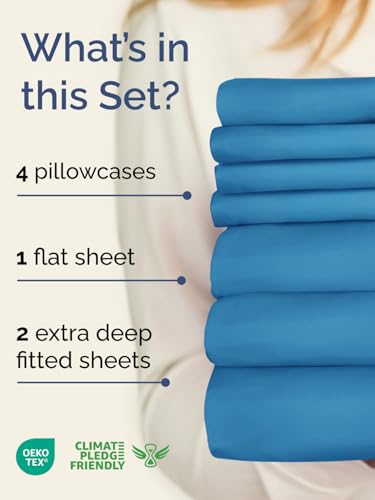 Image of Extra Deep Split King Sheet Set - 7 Piece Breathable & Cooling - Denim Blue | Hotel Luxury Bed Sheets Set, Easy & Secure Fit, Ultra-Soft, Wrinkle & Fade Free, Comfy Sheets Set with Extra Deep Pockets