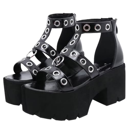 Agodor Women's Goth Black Platform Sandals Ankle Strap Chunky High Heels Open Toe Slingback Roman Gladiator Shoes