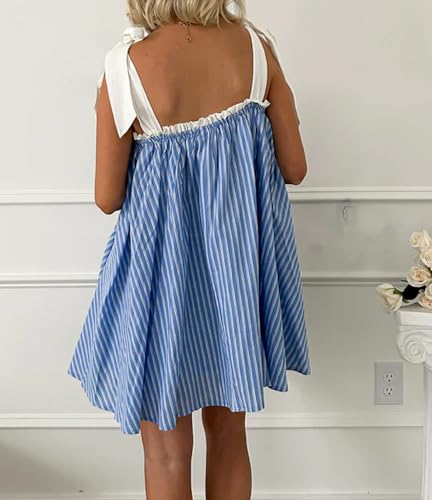 Image of Women Floral Tie Shoulder Mini Dress Cute Square Neck Loose Fit Beach Short Dress Backless Boho Vocation Sundress
