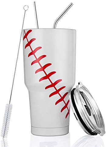 Joyclub 30oz Baseball Tumbler Stainless Steel Double Wall Vacuum Insulated Tumbler Cup Travel Mug with Lid, Straw and Cleaning Brush
