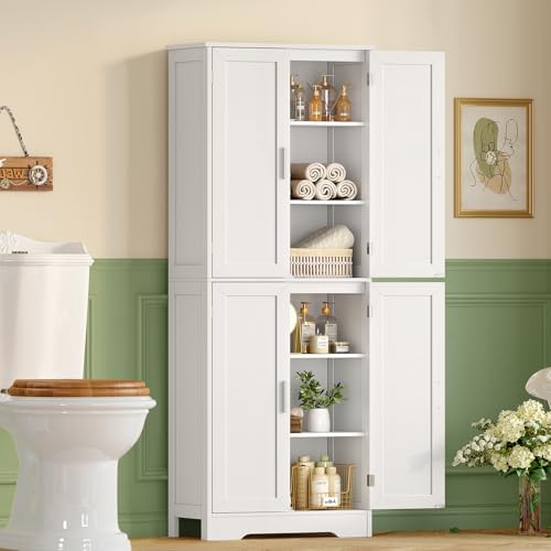 Image of TEENFON 67 inch Storage Cabinet, Kitchen Pantry Cabinet with 4 Doors and 2 Adjustable Shelves, Cupboard, Tall Bathroom Cabinets for Dining Room, Living Room, White