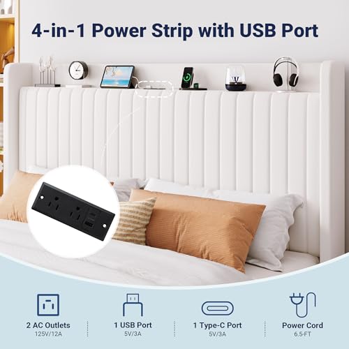 Image of Allewie King Size Lift Up Storage Bed Frame,Storage Shelf Headboard with Charging Station,Type-C and USB Ports,Hydraulic Support,Velvet Upholstered Bed Frame,No Box Spring Needed,White