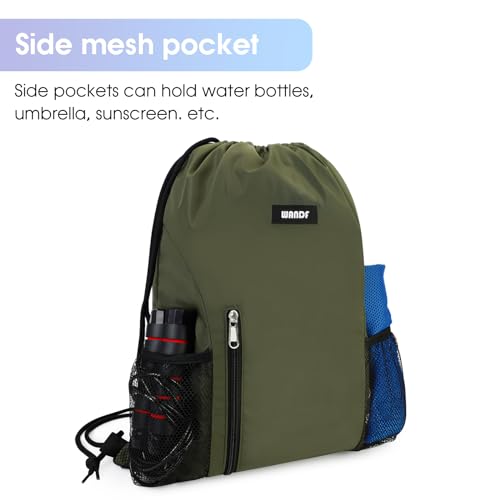 Image of WANDF Drawstring Backpack Sports Gym Sackpack with Mesh Pockets Water Resistant String Bag for Women Men (Dark Green)