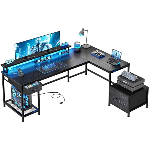 Image of DurayLoly 63 inch Reversible L Shaped Desk with Power Outlets &Led,Bedroom | Large Computer Desk with Monitor Stand,2 Fabric Drawer and Storage Shelves,Corner Desk,Gaming, Work, Home Office