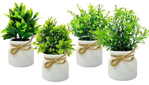 Image of Dekorly Plastic 4pcs Artificial Pot Flowers Small Fake Plants with Pot Mini Potted Plants for House Office Tabletop Decoration (White)