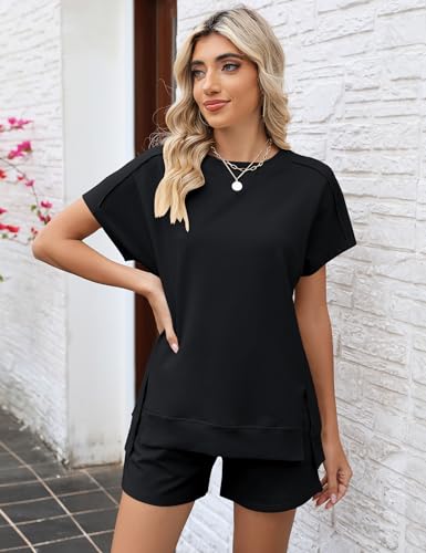 LOMON Womens Fashion 2 Piece Outfits Sweatsuits 2025 Summer Short Sleeve Loungewear Tracksuit Round Neck Lounge Shorts Sets2